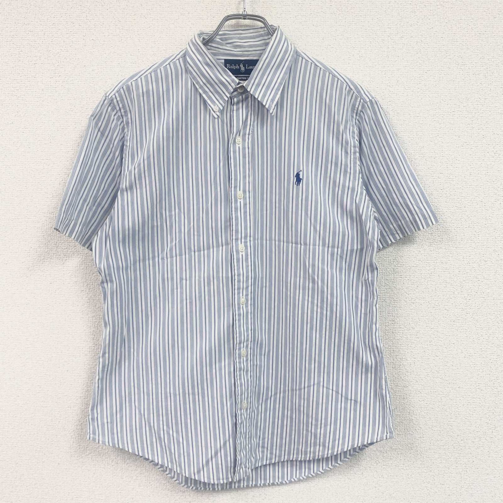 RALPH LAUREN　ラルフローレン　CUSTOM FIT　半袖ボタンダウンシャツ　ストライプ柄　刺繍ロゴ　ライトブルー　Lサイズ