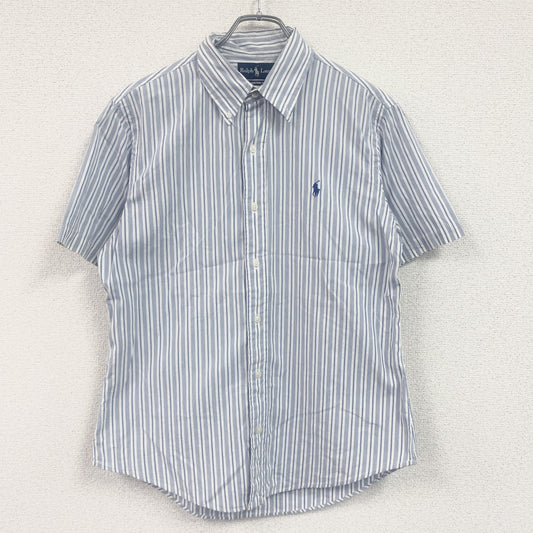 RALPH LAUREN　ラルフローレン　CUSTOM FIT　半袖ボタンダウンシャツ　ストライプ柄　刺繍ロゴ　ライトブルー　Lサイズ