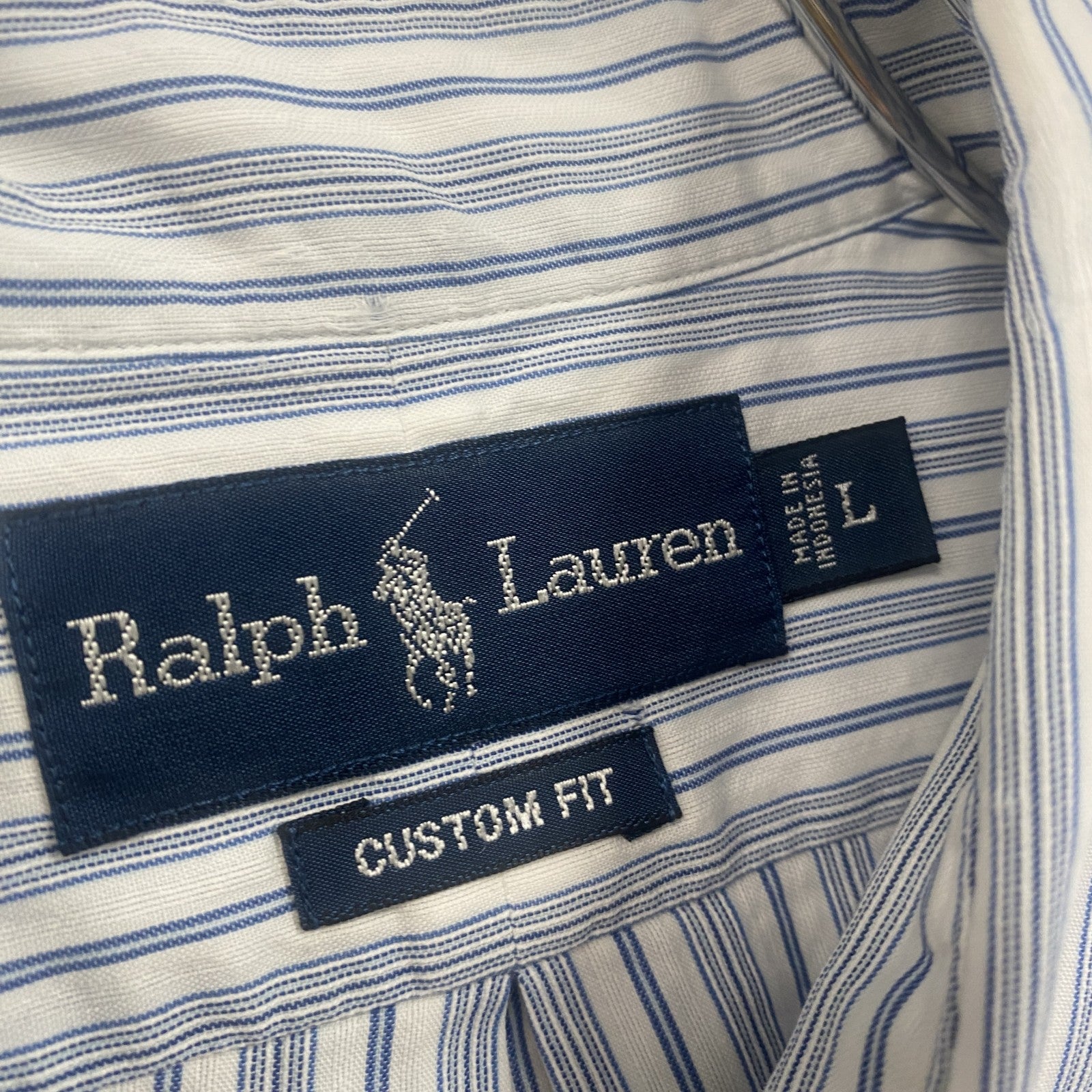 RALPH LAUREN　ラルフローレン　CUSTOM FIT　半袖ボタンダウンシャツ　ストライプ柄　刺繍ロゴ　ライトブルー　Lサイズ