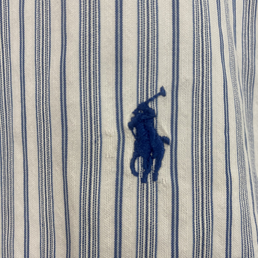 RALPH LAUREN　ラルフローレン　CUSTOM FIT　半袖ボタンダウンシャツ　ストライプ柄　刺繍ロゴ　ライトブルー　Lサイズ