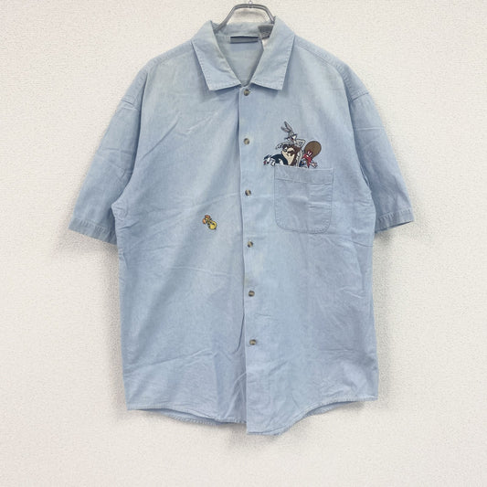90s　Looney Tunes　Warner Bros.　ワーナーブラザーズ　半袖シャツ　フェード　刺繍ロゴ　ライトブルー　Lサイズ