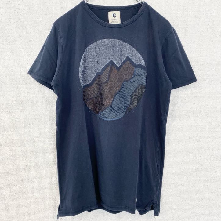 古着 used　GARCIA　半袖プリントTシャツ　地形　山　クルーネック　レトロデザイン　黒　ブラック　Mサイズ　