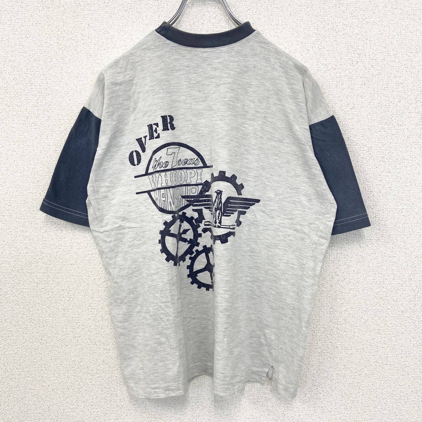 古着 used　ノーブランド　半袖プリントTシャツ　鳥　歯車　カジュアルデザイン　バイカラー　白　ネイビー　レトロ　Mサイズ