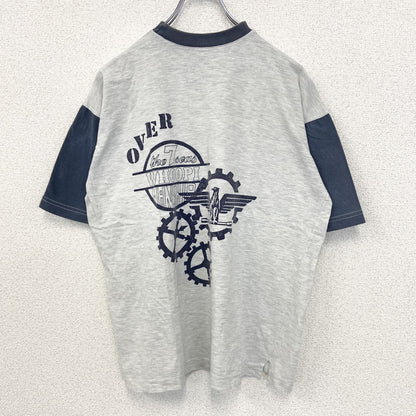 古着 used　ノーブランド　半袖プリントTシャツ　鳥　歯車　カジュアルデザイン　バイカラー　白　ネイビー　レトロ　Mサイズ