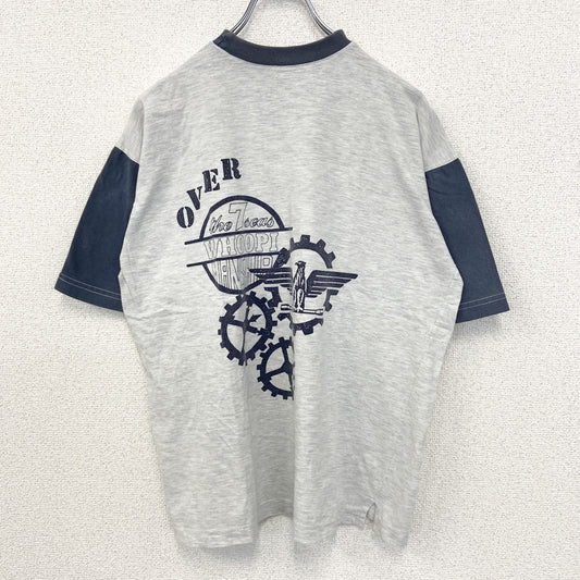 古着 used　ノーブランド　半袖プリントTシャツ　鳥　歯車　カジュアルデザイン　バイカラー　白　ネイビー　レトロ　Mサイズ