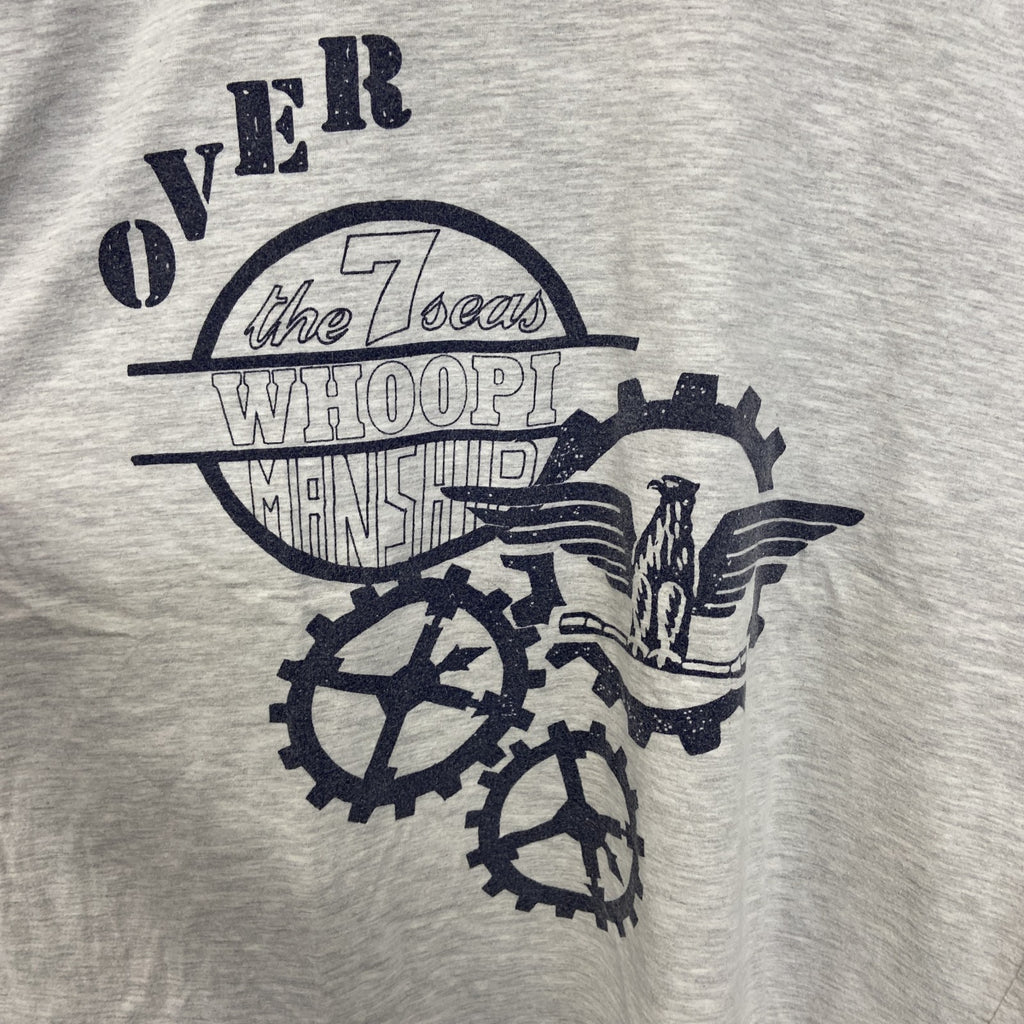 古着 used　ノーブランド　半袖プリントTシャツ　鳥　歯車　カジュアルデザイン　バイカラー　白　ネイビー　レトロ　Mサイズ