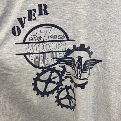 古着 used　ノーブランド　半袖プリントTシャツ　鳥　歯車　カジュアルデザイン　バイカラー　白　ネイビー　レトロ　Mサイズ