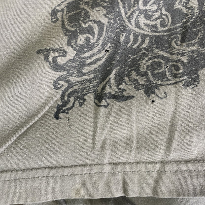 古着 used　ノーブランド　半袖プリントTシャツ　スカル　エレキギター　ロックデザイン　クルーネック　カーキ色　Mサイズ