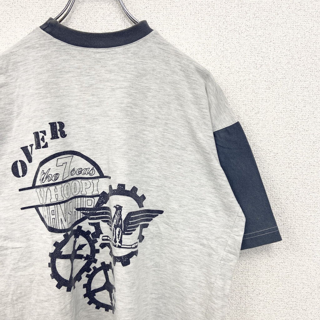 古着 used　ノーブランド　半袖プリントTシャツ　鳥　歯車　カジュアルデザイン　バイカラー　白　ネイビー　レトロ　Mサイズ