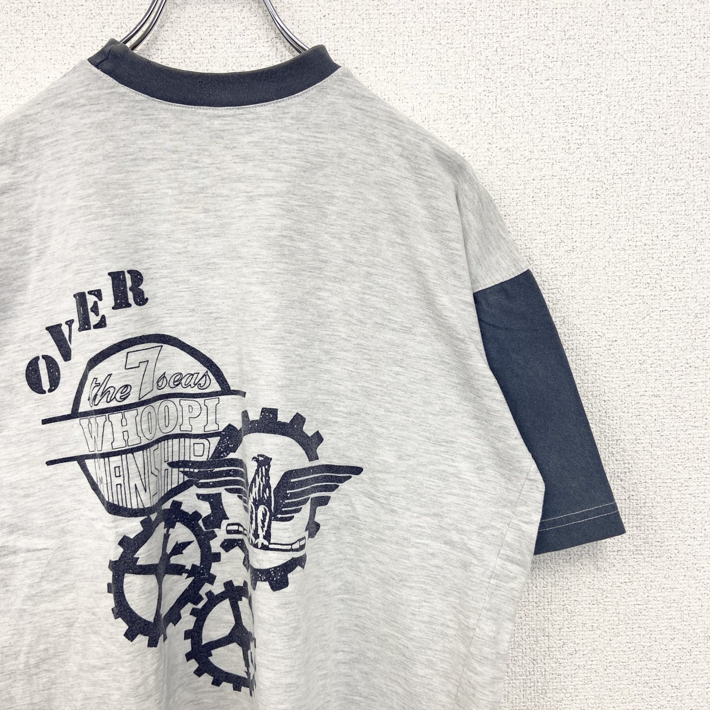 古着 used　ノーブランド　半袖プリントTシャツ　鳥　歯車　カジュアルデザイン　バイカラー　白　ネイビー　レトロ　Mサイズ