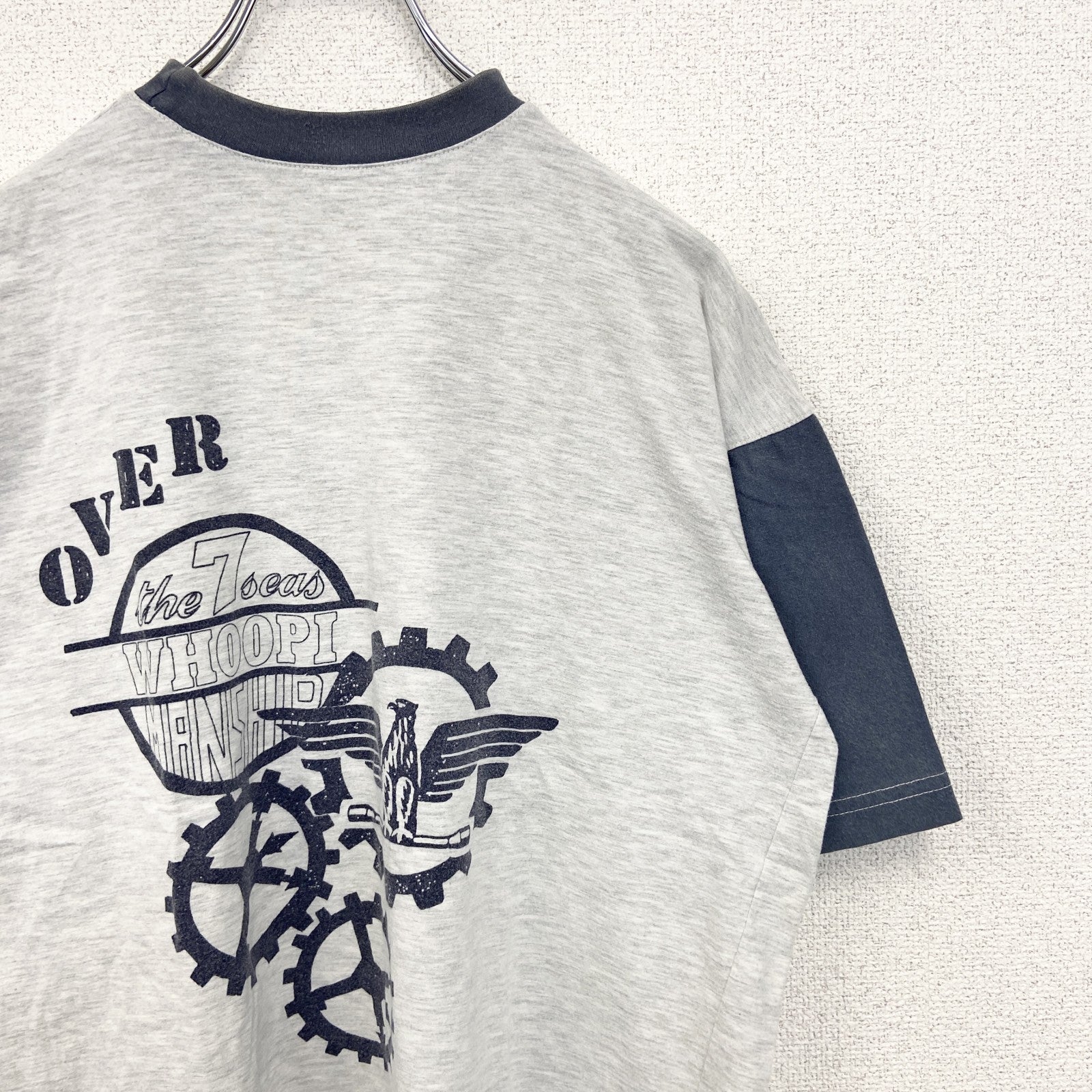 古着 used　ノーブランド　半袖プリントTシャツ　鳥　歯車　カジュアルデザイン　バイカラー　白　ネイビー　レトロ　Mサイズ