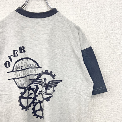 古着 used　ノーブランド　半袖プリントTシャツ　鳥　歯車　カジュアルデザイン　バイカラー　白　ネイビー　レトロ　Mサイズ