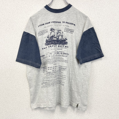古着 used　ノーブランド　半袖プリントTシャツ　鳥　歯車　カジュアルデザイン　バイカラー　白　ネイビー　レトロ　Mサイズ