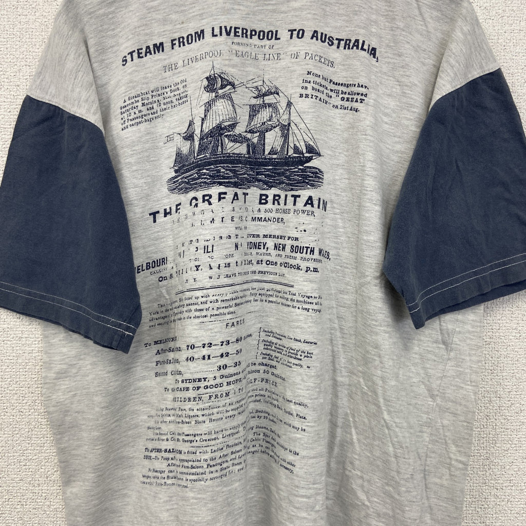 古着 used　ノーブランド　半袖プリントTシャツ　鳥　歯車　カジュアルデザイン　バイカラー　白　ネイビー　レトロ　Mサイズ