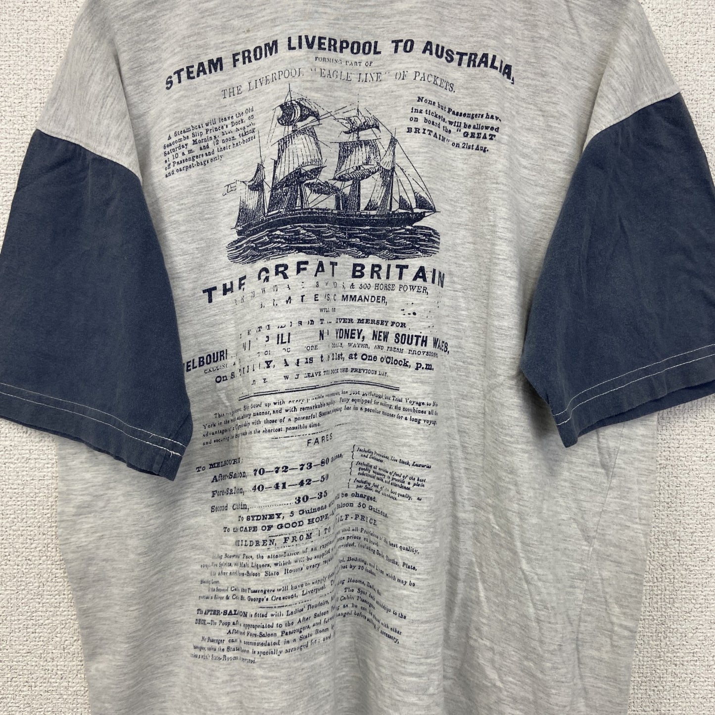古着 used　ノーブランド　半袖プリントTシャツ　鳥　歯車　カジュアルデザイン　バイカラー　白　ネイビー　レトロ　Mサイズ