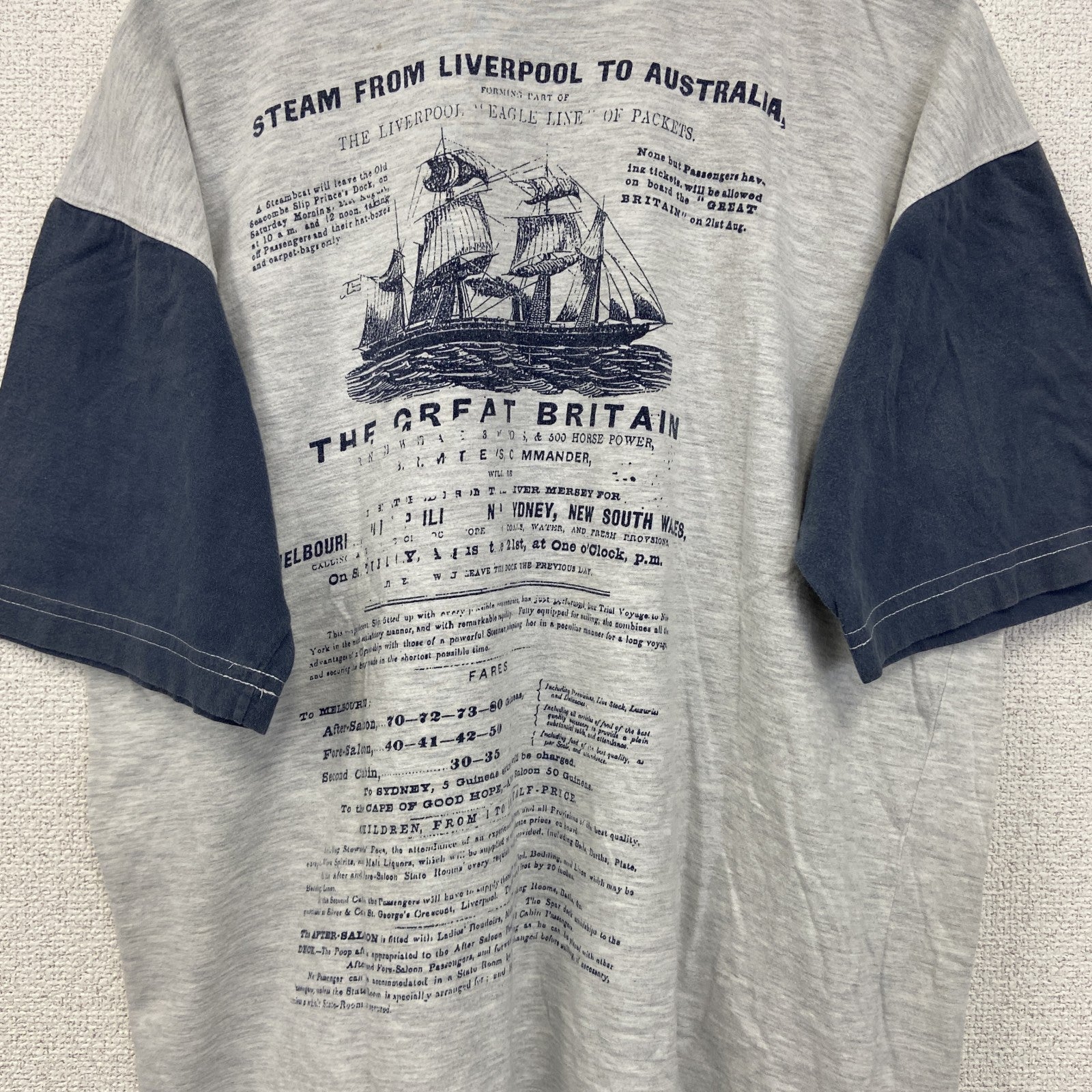 古着 used　ノーブランド　半袖プリントTシャツ　鳥　歯車　カジュアルデザイン　バイカラー　白　ネイビー　レトロ　Mサイズ