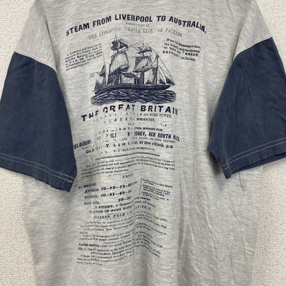 古着 used　ノーブランド　半袖プリントTシャツ　鳥　歯車　カジュアルデザイン　バイカラー　白　ネイビー　レトロ　Mサイズ