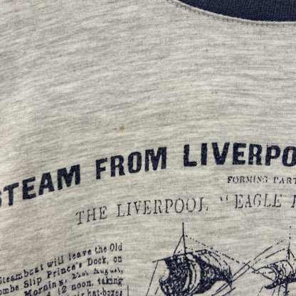 古着 used　ノーブランド　半袖プリントTシャツ　鳥　歯車　カジュアルデザイン　バイカラー　白　ネイビー　レトロ　Mサイズ