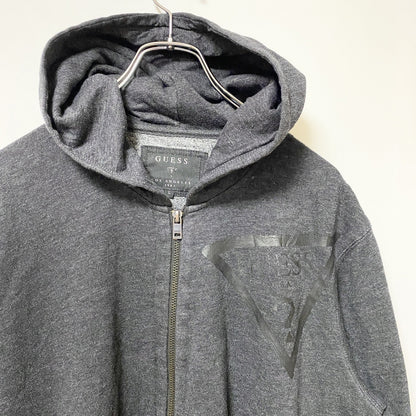 古着 used　GUESS ゲス　長袖フルジップアップパーカー　スウェットフーディー　グレー　ワンポイントロゴデザイン　Lサイズ