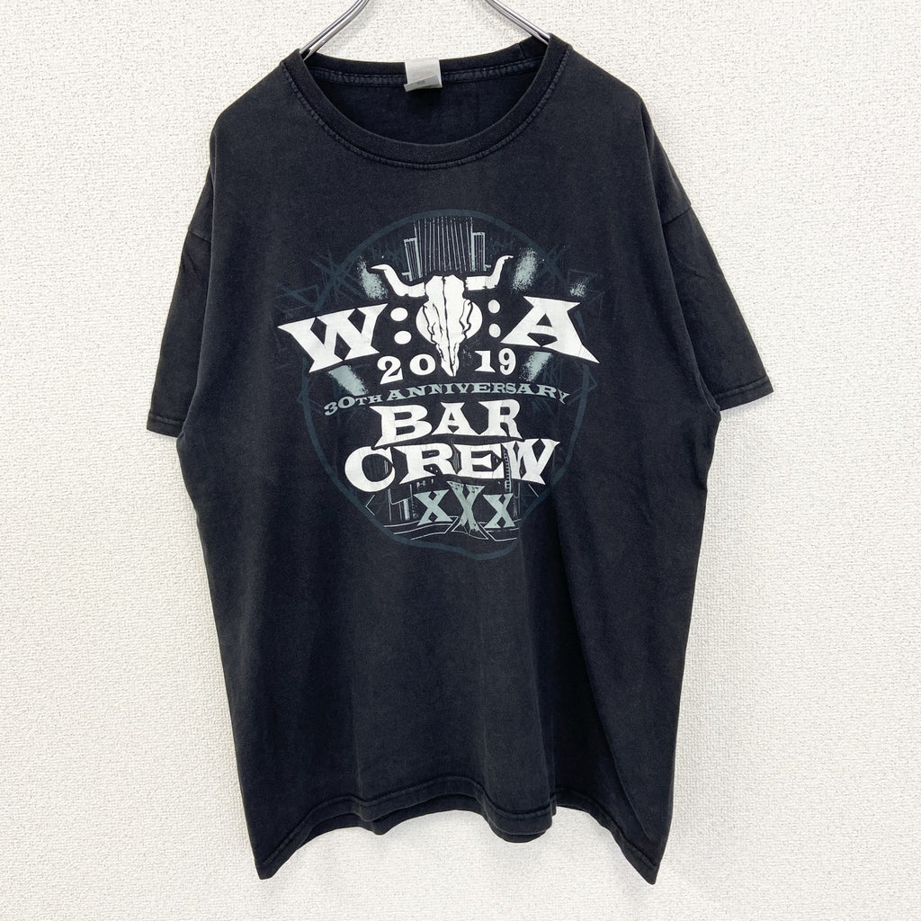 古着 used　FRUIT OF THE LOOM　半袖プリントTシャツ　BAR CREVY　クルーネック　黒　XLサイズ
