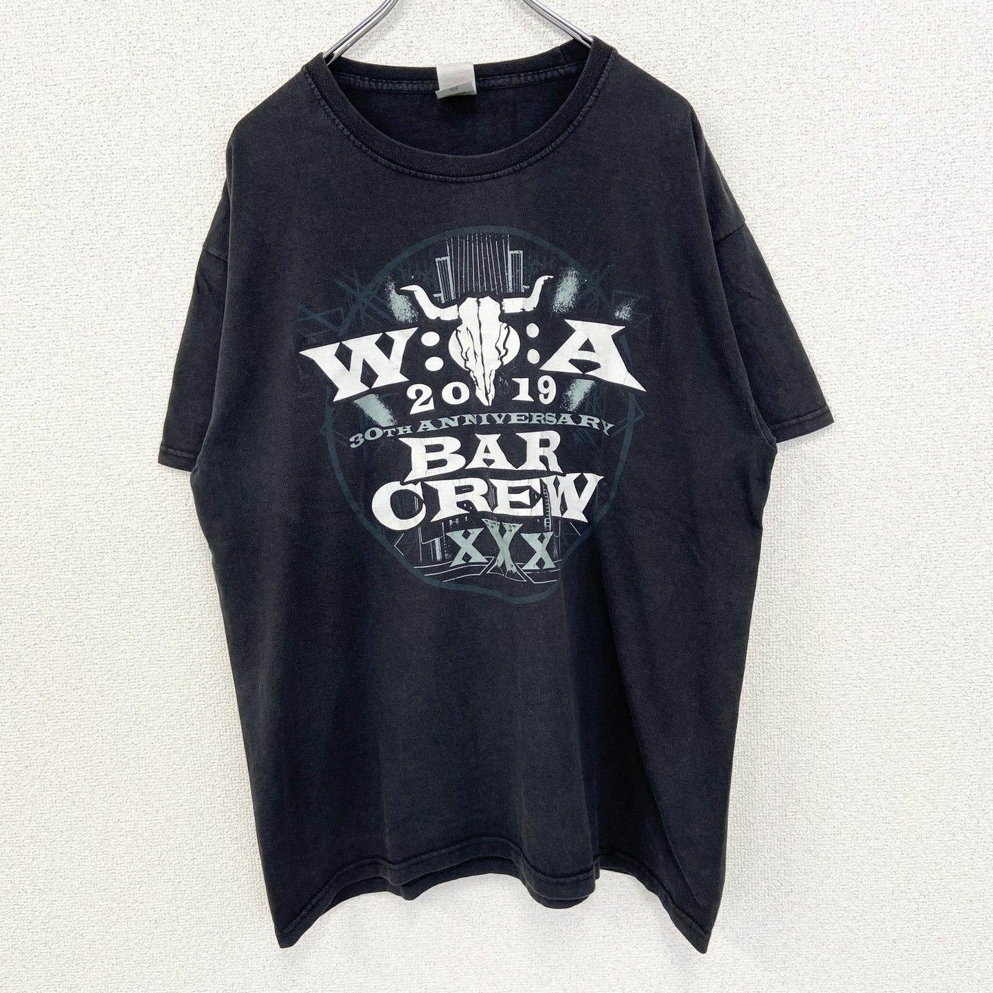 古着 used　FRUIT OF THE LOOM　半袖プリントTシャツ　BAR CREVY　クルーネック　黒　XLサイズ