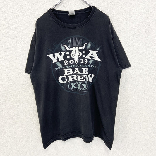 古着 used　FRUIT OF THE LOOM　半袖プリントTシャツ　BAR CREVY　クルーネック　黒　XLサイズ
