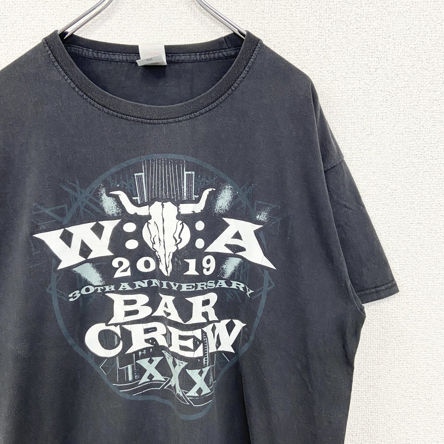 古着 used　FRUIT OF THE LOOM　半袖プリントTシャツ　BAR CREVY　クルーネック　黒　XLサイズ