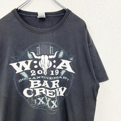 古着 used　FRUIT OF THE LOOM　半袖プリントTシャツ　BAR CREVY　クルーネック　黒　XLサイズ