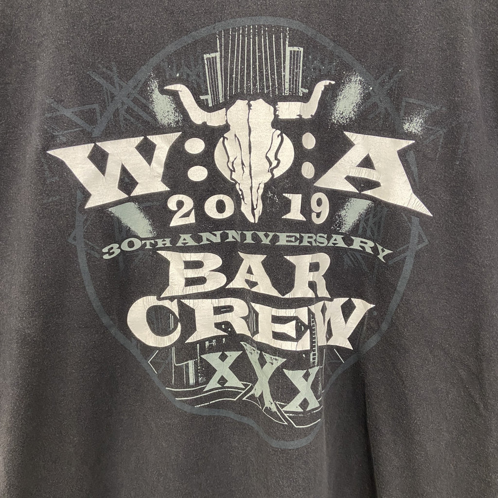 古着 used　FRUIT OF THE LOOM　半袖プリントTシャツ　BAR CREVY　クルーネック　黒　XLサイズ