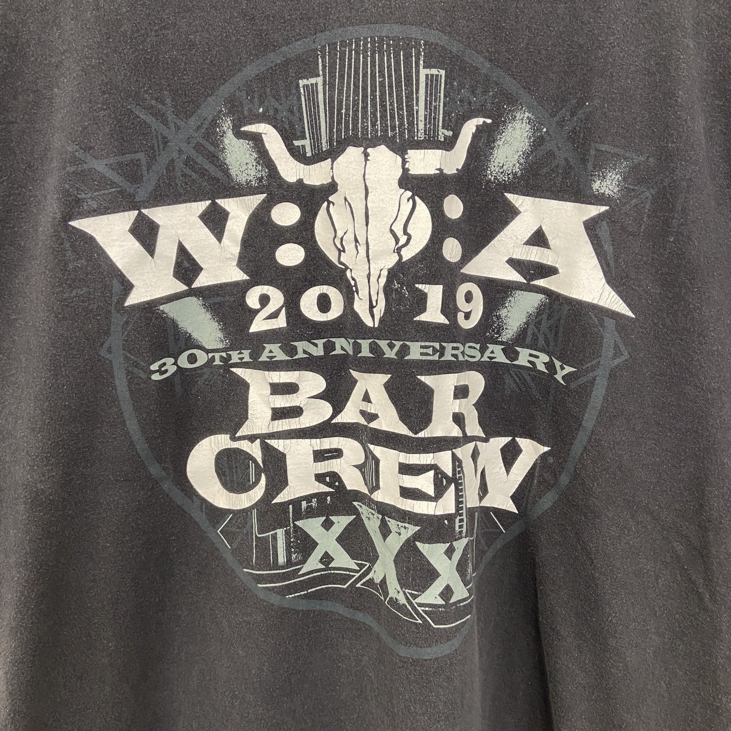 古着 used　FRUIT OF THE LOOM　半袖プリントTシャツ　BAR CREVY　クルーネック　黒　XLサイズ
