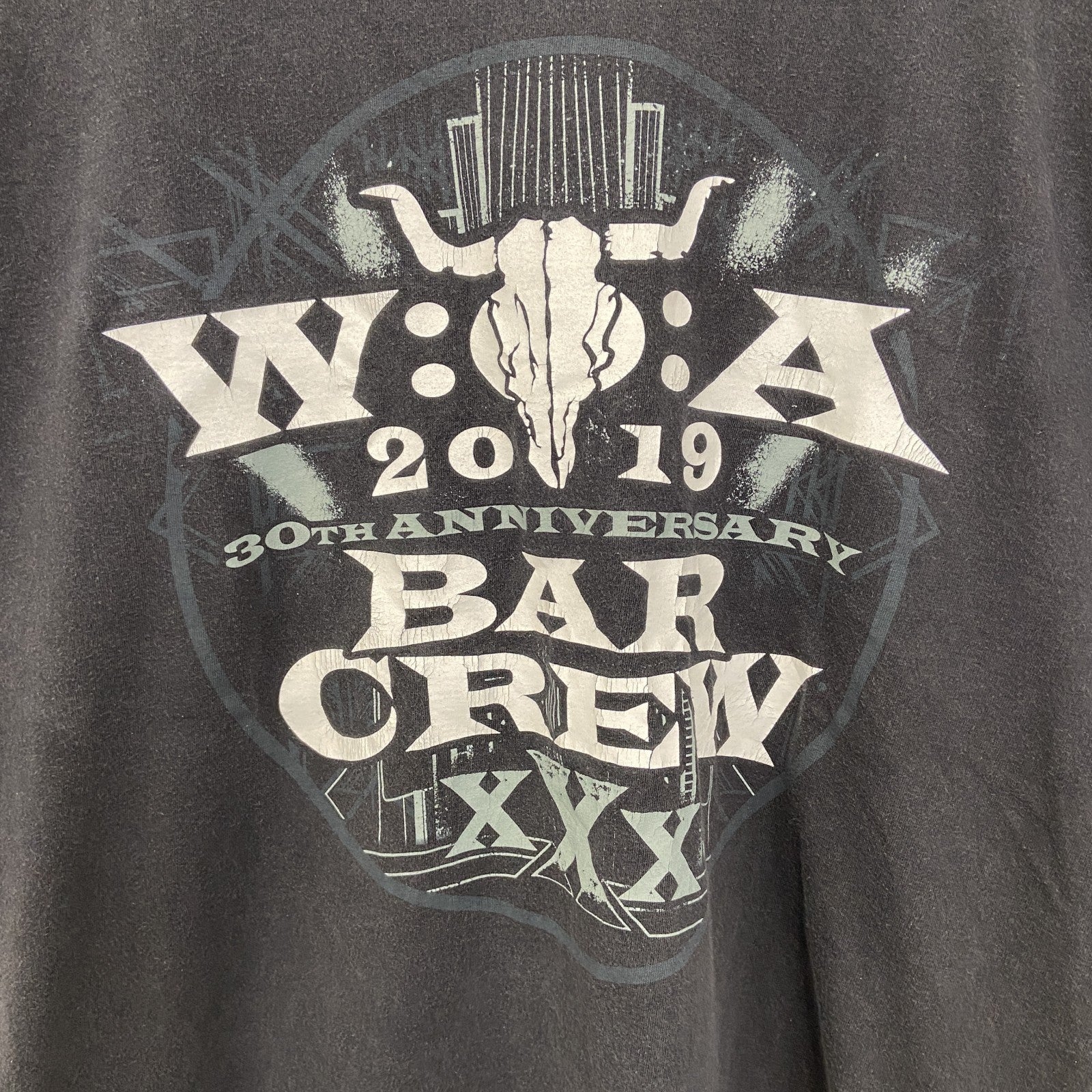 古着 used　FRUIT OF THE LOOM　半袖プリントTシャツ　BAR CREVY　クルーネック　黒　XLサイズ