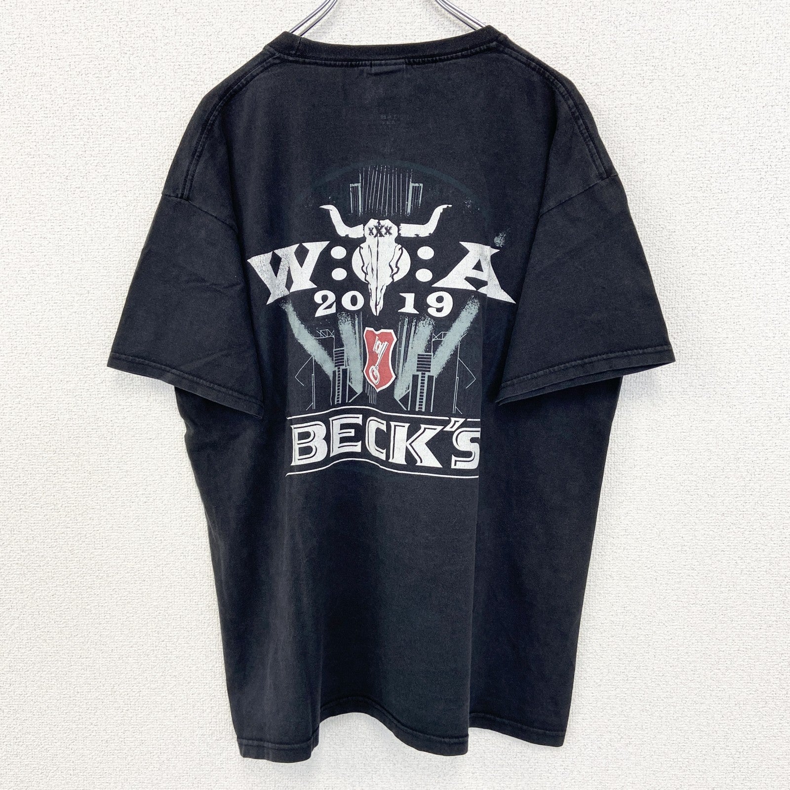 古着 used　FRUIT OF THE LOOM　半袖プリントTシャツ　BAR CREVY　クルーネック　黒　XLサイズ