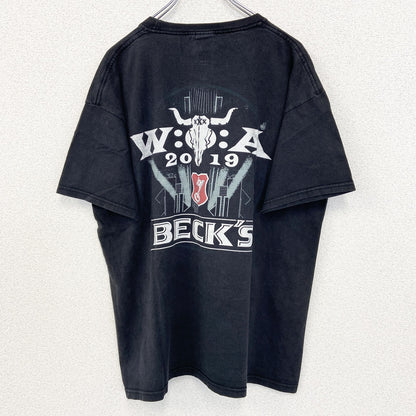 古着 used　FRUIT OF THE LOOM　半袖プリントTシャツ　BAR CREVY　クルーネック　黒　XLサイズ