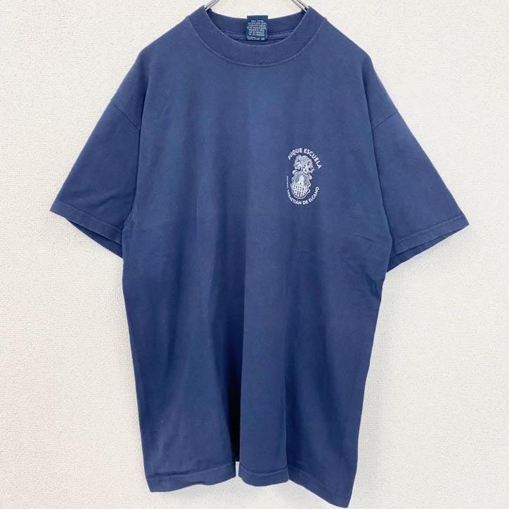 古着 used　半袖バックプリントTシャツ　ワンポイントロゴ　国旗　クルーネック　レトロデザイン　紺　ネイビー　Lサイズ