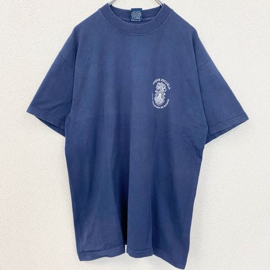 古着 used　半袖バックプリントTシャツ　ワンポイントロゴ　国旗　クルーネック　レトロデザイン　紺　ネイビー　Lサイズ