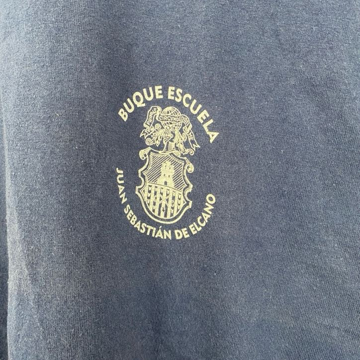 古着 used　半袖バックプリントTシャツ　ワンポイントロゴ　国旗　クルーネック　レトロデザイン　紺　ネイビー　Lサイズ