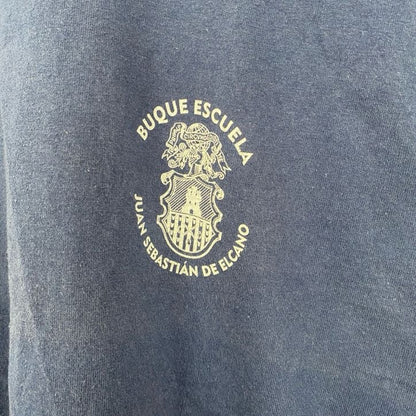 古着 used　半袖バックプリントTシャツ　ワンポイントロゴ　国旗　クルーネック　レトロデザイン　紺　ネイビー　Lサイズ