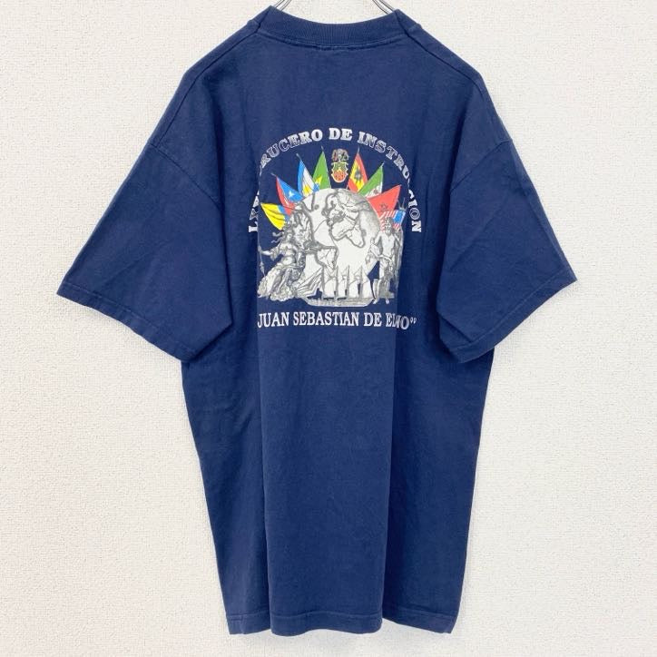 古着 used　半袖バックプリントTシャツ　ワンポイントロゴ　国旗　クルーネック　レトロデザイン　紺　ネイビー　Lサイズ