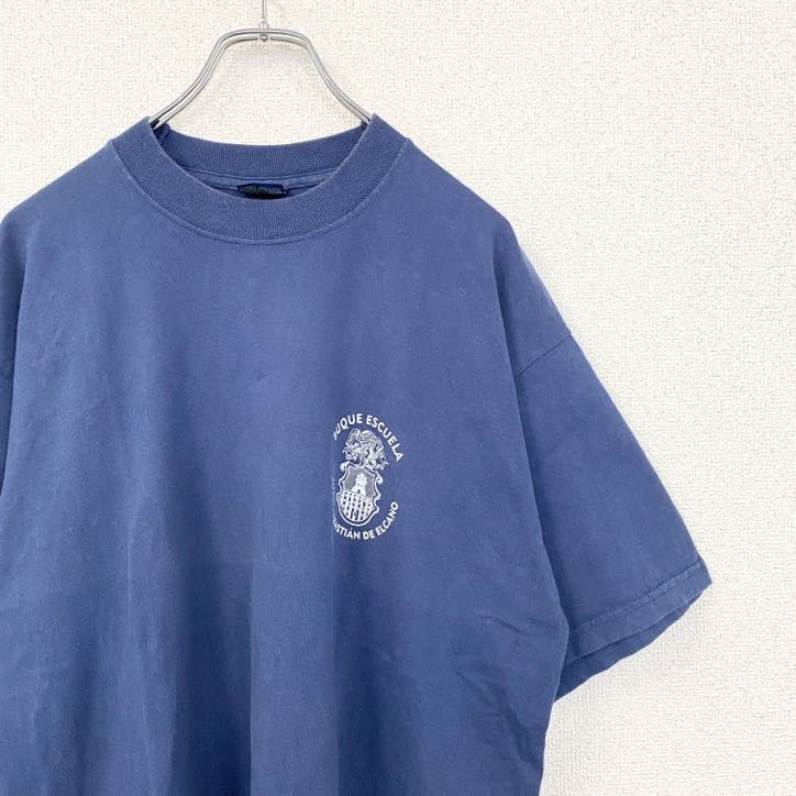 古着 used　半袖バックプリントTシャツ　ワンポイントロゴ　国旗　クルーネック　レトロデザイン　紺　ネイビー　Lサイズ