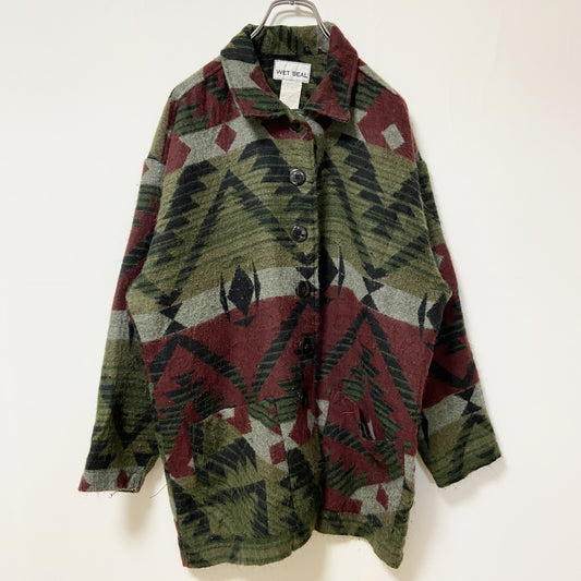 古着 used　WET SEAL　長袖フランネルシャツジャケット　ネイティブ柄　総柄　アウター　レトロデザイン　個性的　Mサイズ