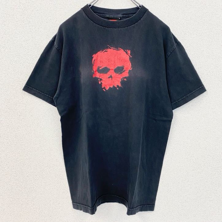 古着 used　Zero Skateboard　半袖プリントTシャツ　クルーネック　レトロデザイン　骸骨　スケボー　黒　ブラック　