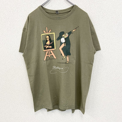 古着 used　Pampling　半袖プリントTシャツ　画家　ダビンチ　クルーネック　カジュアルデザイン　カーキー色　Lサイズ