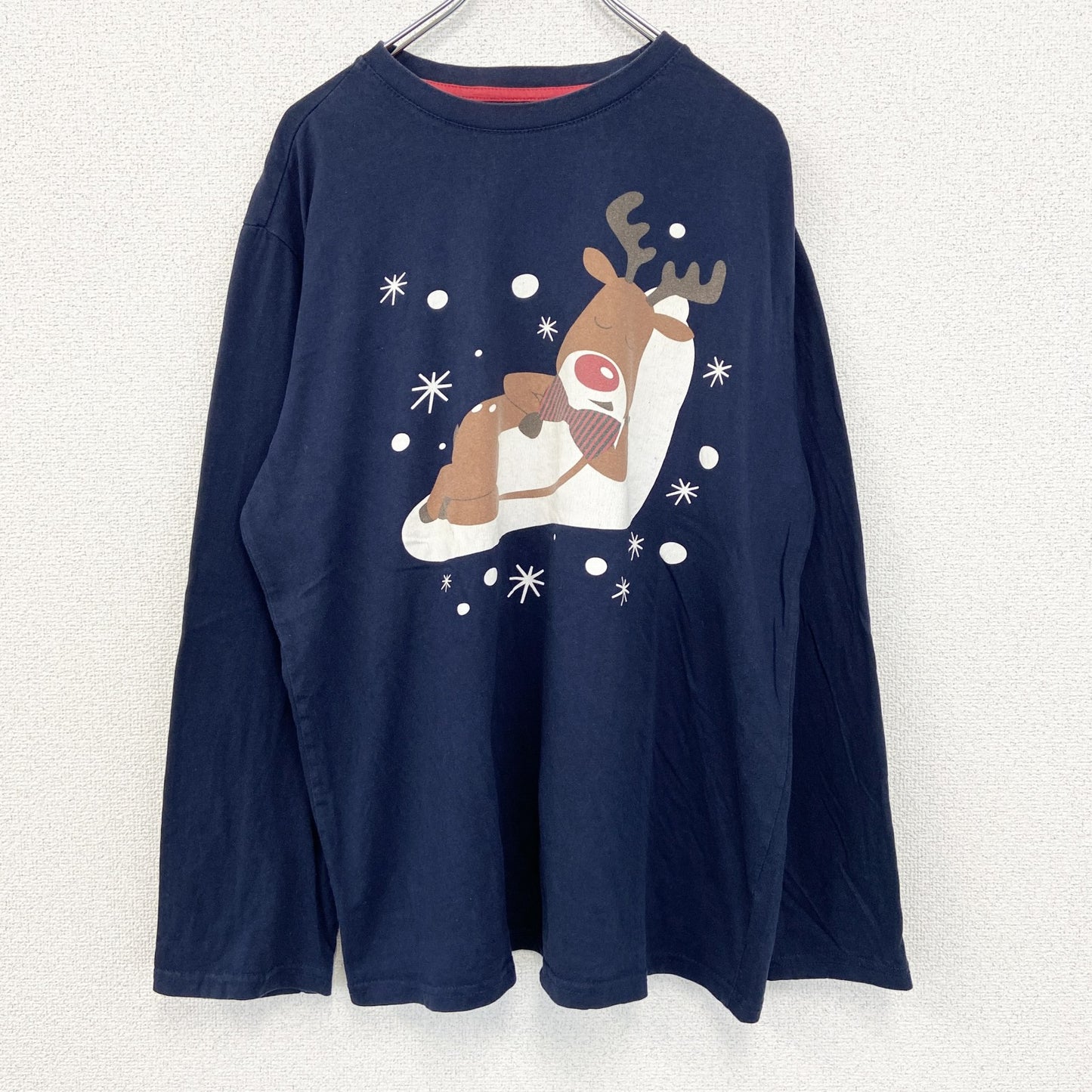 古着 used　SIR RICH　長袖プリントTシャツ　トナカイ　結晶　カジュアルデザイン　クルーネック　ネイビー　XLサイズ
