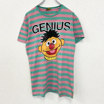 古着 used　SESAME STREET　半袖オリジナルプリントTシャツ　アーニー　ボーダー柄　バイカラー　ピンク　緑　Lサイズ