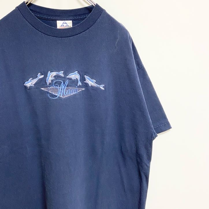 古着 used　ALSTYLE　半袖イルカ刺繍Tシャツ　クルーネック　アニマル　ドルフィン　動物　ネイビー　紺　XLサイズ
