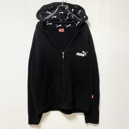 古着 used　PUMA プーマ　長袖ニットパーカー　フルジップ　フーディ　ワンポイント刺繍　黒　ブラック　Mサイズ
