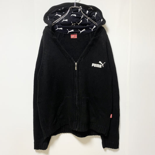 古着 used　PUMA プーマ　長袖ニットパーカー　フルジップ　フーディ　ワンポイント刺繍　黒　ブラック　Mサイズ
