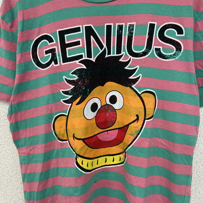 古着 used　SESAME STREET　半袖オリジナルプリントTシャツ　アーニー　ボーダー柄　バイカラー　ピンク　緑　Lサイズ