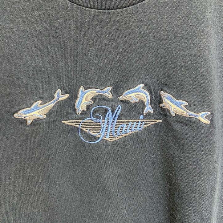 古着 used　ALSTYLE　半袖イルカ刺繍Tシャツ　クルーネック　アニマル　ドルフィン　動物　ネイビー　紺　XLサイズ