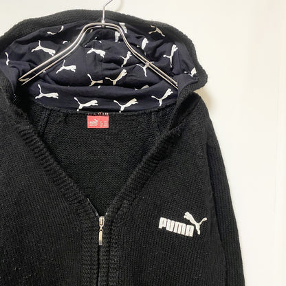 古着 used　PUMA プーマ　長袖ニットパーカー　フルジップ　フーディ　ワンポイント刺繍　黒　ブラック　Mサイズ
